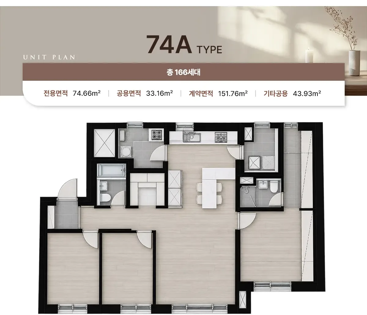 UNIT PLAN 74A TYPE 평면도 · 4Bay 판상형 구조의 실내 배치도.